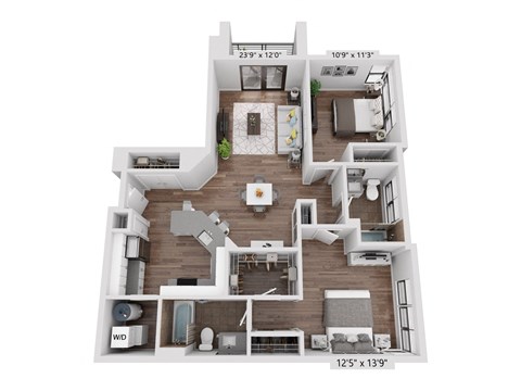 Floor plan for 2 beds, 2 baths, 1109 sqft